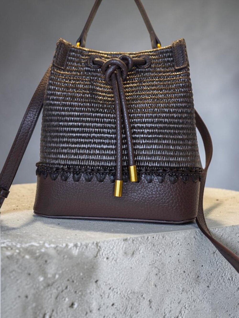 Brown Rattan Bucket Bag with Antique Brass Hardware by Steve Madden  NWT